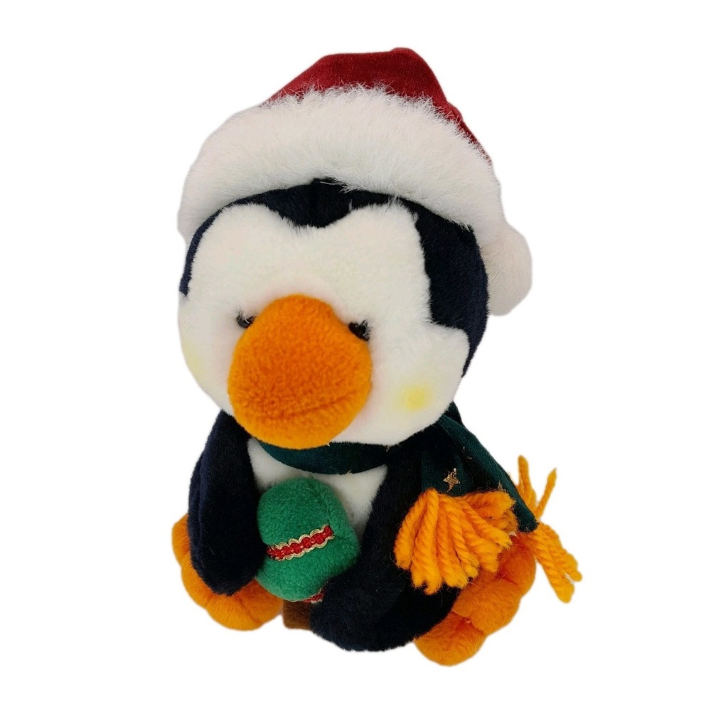 Vintage Aurora Penguin Plush 6" Black White Santa Hat Scarf Christmas Toy